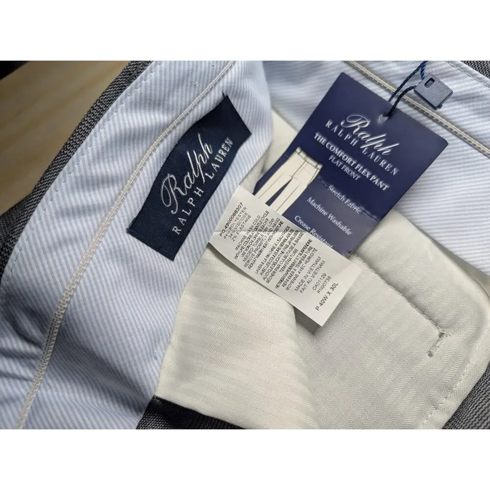 Ralph Lauren Men's 40x30 Comfort Flex Flat Front Dress Pants Gray Plaid NWT